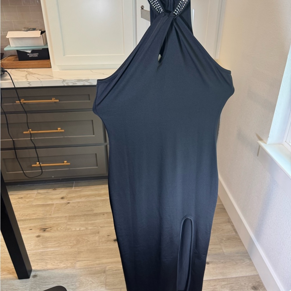Black-Mock Neck Jeweled Collar, Razorback Maxi Dress - Perfect for summer - Sz L